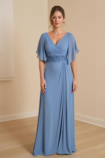 Dusty Blue A Line V Neck Chiffon Mother of the Bride Dress with Appliques